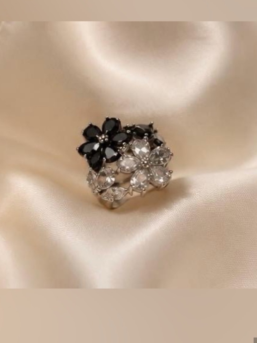 Black & Clear Floral Cluster Statement Ring - Picture 5 of 5